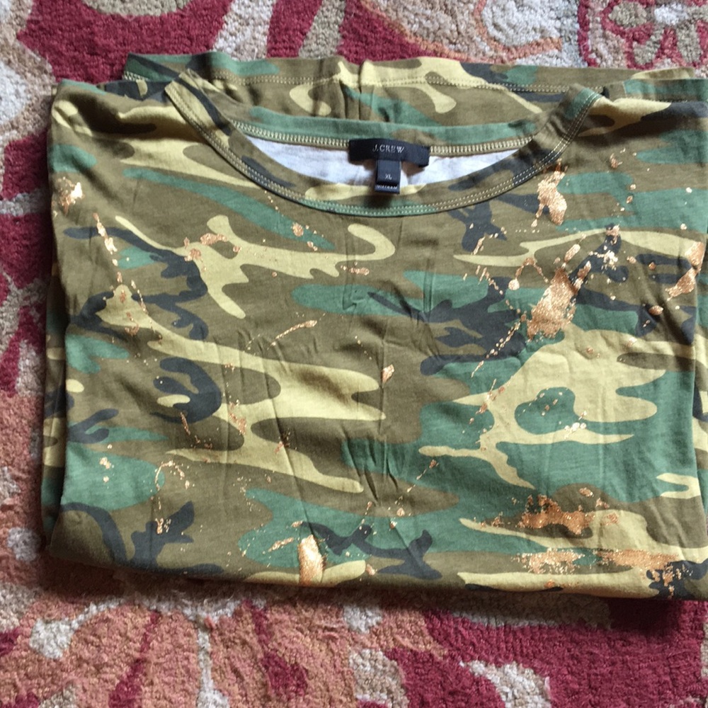 JCrew Camo T-shirt with gold paint splatter (XL)